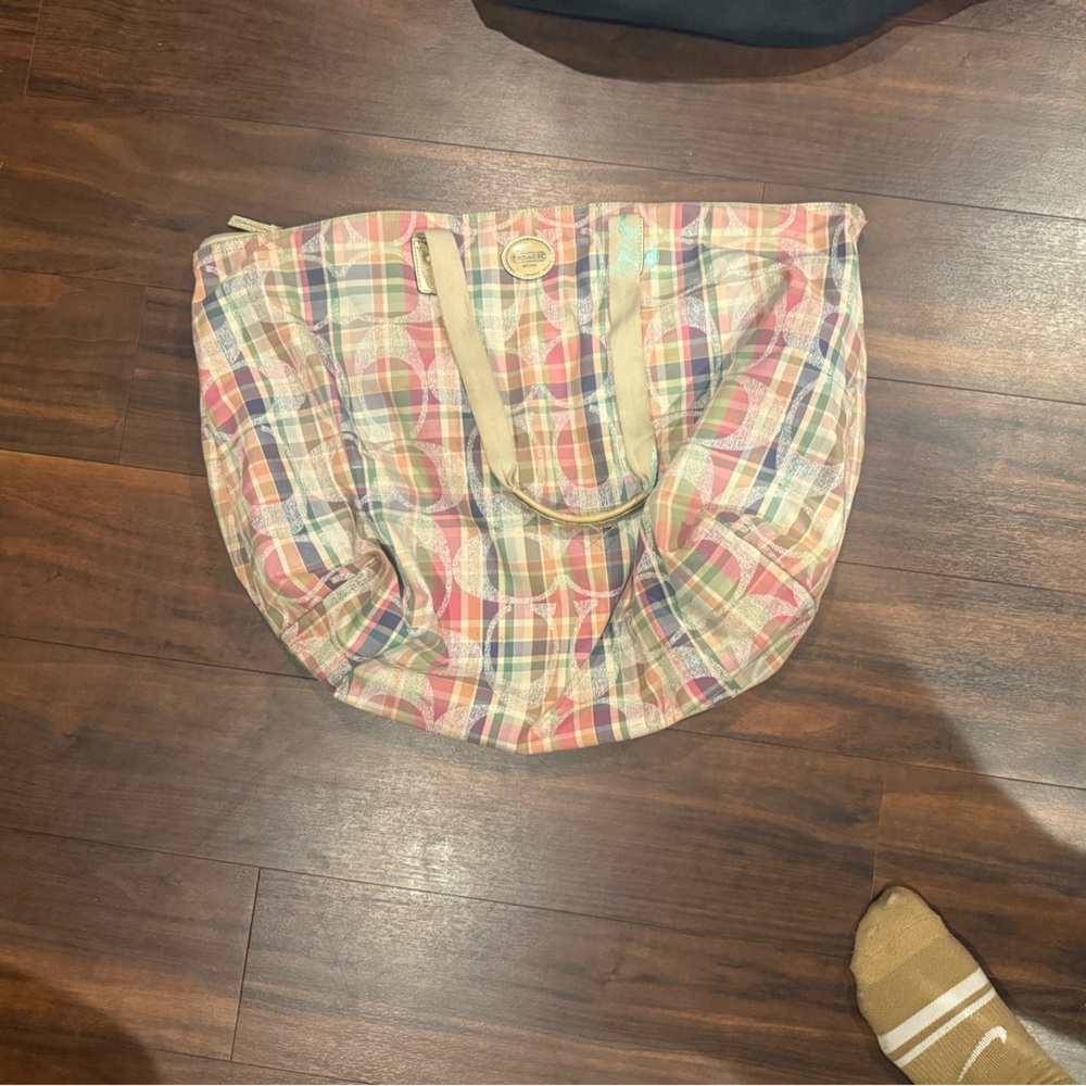 Coach Pastel Plaid Tote Bag with Beige Trim